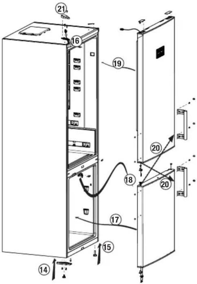 Technical diagram of an appliance refrigerator with numbered components and wiring annotations