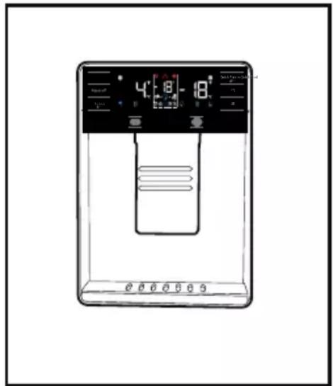 Technical diagram of a water heater device with control panel and digital display showing temperature reading and status indicators