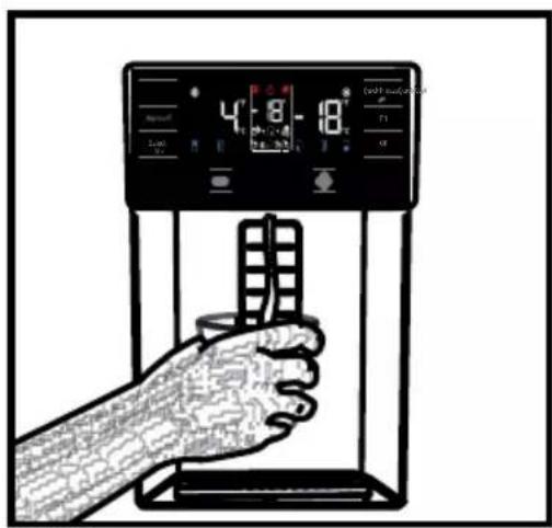 Illustration of a hand pressing a cup into a digital temperature meter with visible digital display and control buttons
