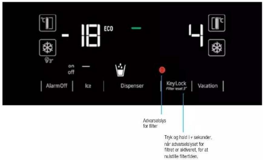 ECO on off AlarmOff | Ice | Dispenser | KeyLock Filter reset 3" | Vacation | Advarselslys for filter Tryk og hold i+ sekunder, når adverselsiyset for filtret er aktiveret, for at nulstille filtertiden.
