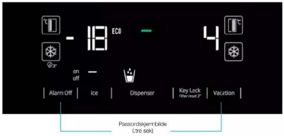 ECO on off Alarm Off | Ice | Dispenser | Key Lock Filter reset 3" | Vacation | Passordskjermbilde (.tre sek)