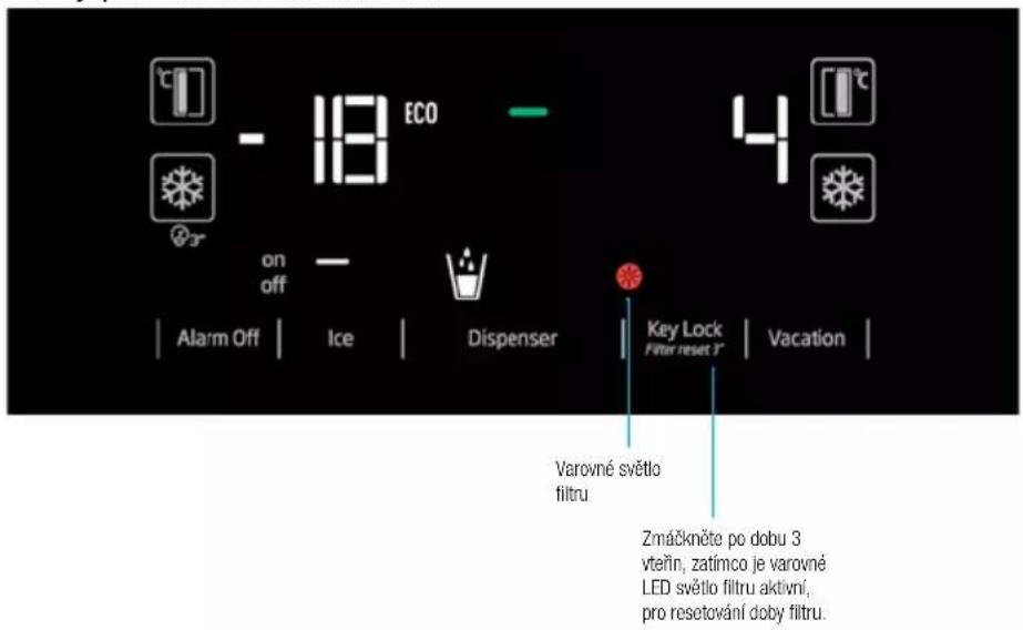 - 18 ECO on off Alarm Off | Ice | Dispenser | Key Lock Filter reset 1" | Vacation | Varovné světlo filtru Zmáčkněte po dobu 3 vteřín, zatímco je varovné LED světlo filtru aktivní, pro resetování doby filtru.