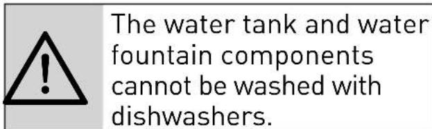The water tank and water fountain components cannot be washed with dishwashers.