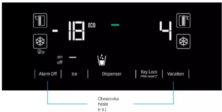 °C - 18 ECO on off 4 Alarm Off | Ice | Dispenser | Key Lock Filter reset 3" | Vacation | Obrazovka hesla (r s.)