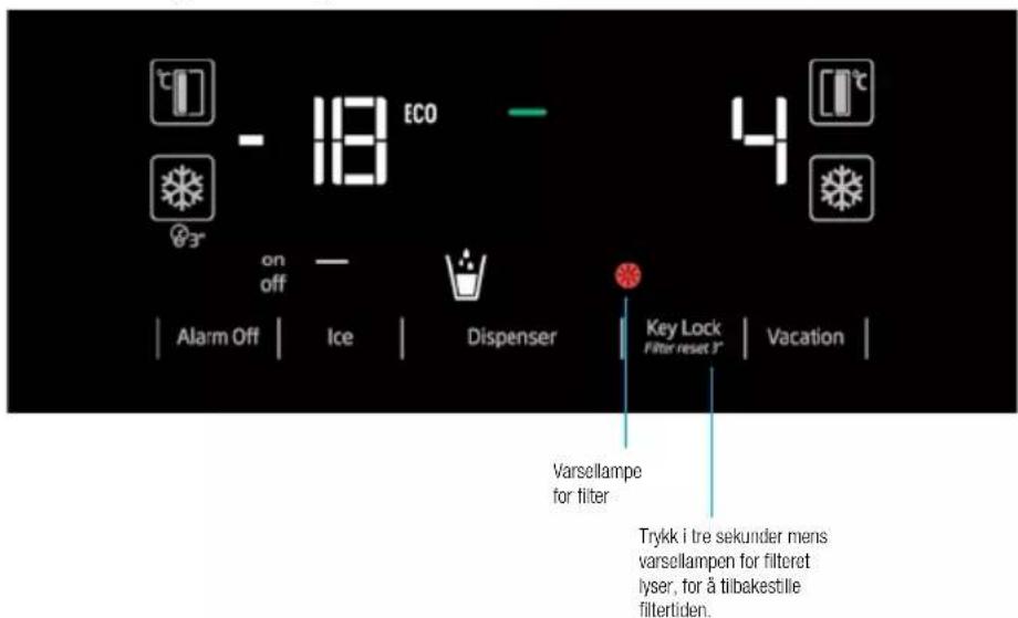 ECO - 18 on off Alarm Off | Ice | Dispenser | Key Lock Filter reset 3° | Vacation | Varsellampe for filter Trykk i tre sekunder mens varsellampen for filteret lyser, for å tilbakestille filtertiden.