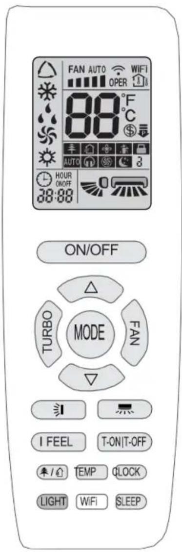 FAN AUTO WIFI OPER 88°C AUTO 3 HOUR ON/OFF 38:88 ON/OFF TURBO MODE FAN I FEEL T-ON/T-OFF TEMP CLOCK LIGHT WIFI SLEEP