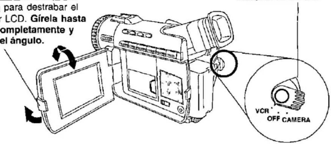 para destrabar el LCD. Gírela hasta ompletamente y el ángulo. VCR OFF CAMERA