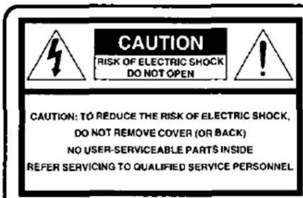 CAUTION RISK OF ELECTRIC SHOCK DO NOT OPEN CAUTION: TO REDUCE THE RISK OF ELECTRIC SHOCK, DO NOT REMOVE COVER (OR BACK) NO USER-SERVICEABLE PARTS INSIDE REFER SERVICING TO QUALIFIED SERVICE PERSONNEL