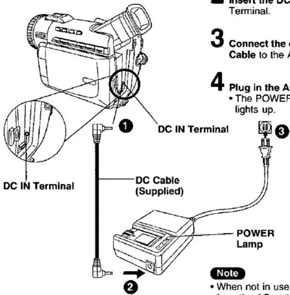 Insert the BC Terminal. 3 Connect the Cable to the A 4 Plug in the A • The POWER lights up. DC IN Terminal DC IN Terminal DC Cable (Supplied) POWER Lamp Note • When not in use from the AC out