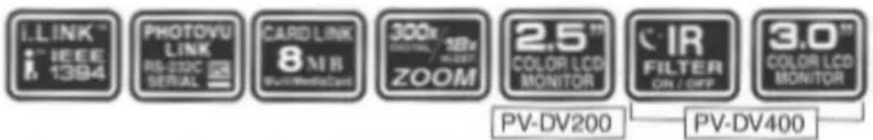 i.LINK™ IEEE 1394 PHOTOVU LINK RS-222C SERIAL CARD LINK 8 MB WuR/WuR/WDAC 300x 16Pc ZOOM 2.5 COLOR LCD MONITOR IR FILTER ON: OFF 3.0 COLOR LCD MONITOR PV-DV200 PV-DV400
