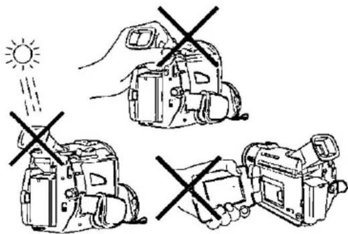 Diagram showing three cameras with a sun and cross symbols indicating no protection or damage, likely illustrating camera safety or safety rules.