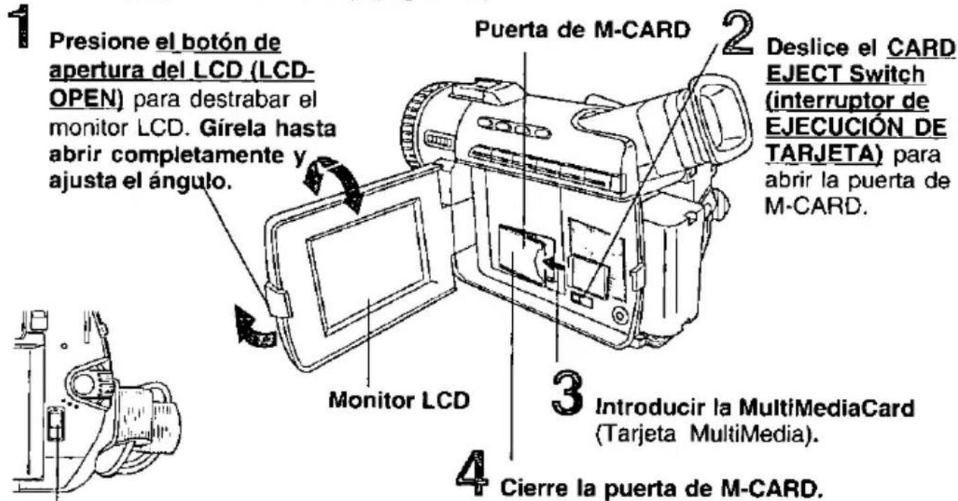 1 Presione el botón de apertura del LCD (LCD-OPEN) para destrar el monitor LCD. Gírela hasta abrir completamente y ajusta el ángulo. 2 Puerta de M-CARD 3 Deslice el CARD EJECT Switch (interruptor de EJECUCIÓN DE TARJETA) para abrir la puerta de M-CARD. 4 Cierre la puerta de M-CARD. Monitor LCD Monitor LCD