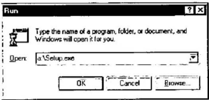 Run Type the name of a program, folder, or document, and Windows will open it for you. Open: a:\Setup.exe OK Cancel Browse...