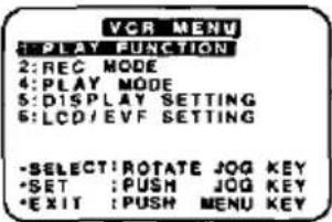 VCR MENU : PLAY FUNCTION 2: REC MODE 4: PLAY MODE 5: DISPLAY SETTING 6: LCD/EVF SETTING -SELECT:ROTATE JOG KEY -SET :PUSH JOG KEY -EXIT :PUSH MENU KEY