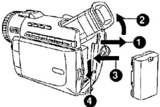 Diagram of a digital camera with numbered parts and directional arrows indicating assembly or operation