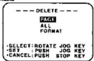 ----DELETE---- PAGE ALL FORMAT ·SELECT:ROTATE JOG KEY ·SET :PUSH JOG KEY ·CANCEL:PUSH STOP KEY