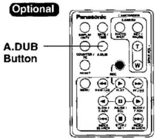 Optional Panasonic CAMCORDER LAYER BMP/UV OFFY BATH / TIME PHOTO SHOT REC RUNS T W A.DUB Button COUNTER / AC/AB NC RMS? REC MENU RMS/125 PLAY FF/2 SL/0x / F/ADV R/S/2 SCL BLOW / T/ADV MCKS BL/ARCH STOP / SET REC/2 BL/ARCH