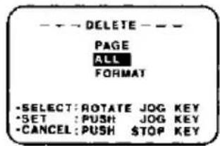 - - - DELETE - - PAGE ALL FORMAT -SELECT: ROTATE JOG KEY -SET: PUSH JOG KEY -CANCEL: PUSH STOP KEY