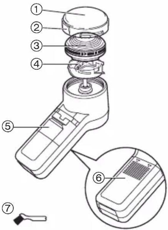 Exploded view diagram of a handheld device with numbered parts and exploded view of internal components