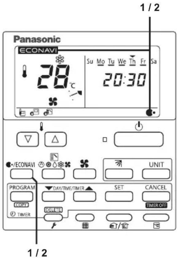 Panasonic ECONAVI 28°C Su Mo Tu We Th Fr Sa 20:30 1 / 2 •/ECONAVI UNIT PROGRAM DAY/TIME/TIMER SET CANCEL COPY TIMER DELETE TIMER OFF 1 / 2
