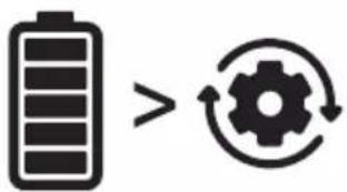 Diagram showing battery icon with greater-than symbol and gear icon with refresh arrow, indicating improved efficiency or cycle.