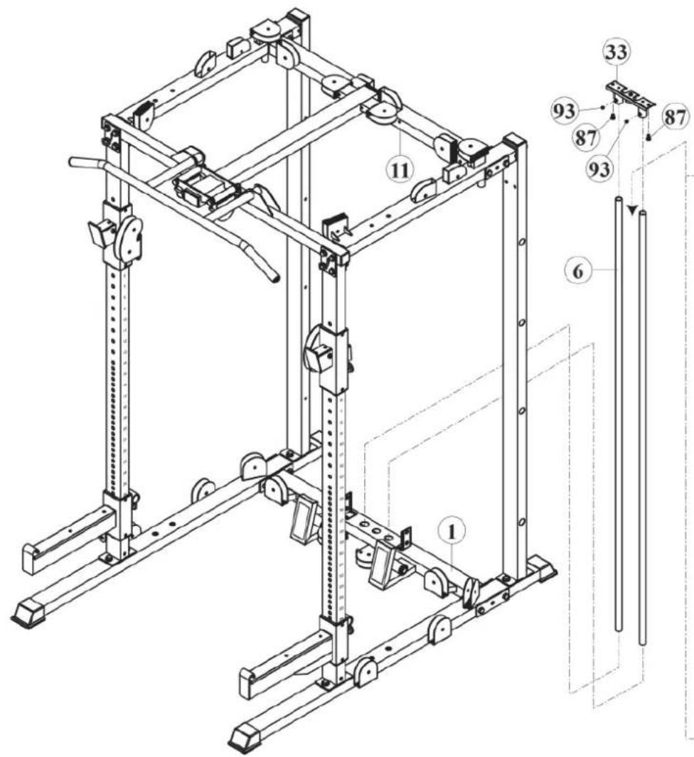Technical diagram of a mechanical frame assembly with numbered components and labeled parts