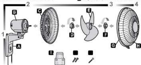 Diagram showing exploded view of a fan assembly with labeled parts and component illustrations