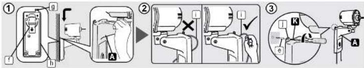 Technical diagram illustrating three-step assembly steps of a mechanical device, labeled ① to ③ with component labels and directional arrows.