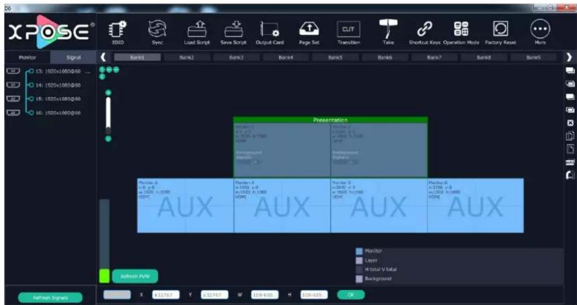 XPOSE® END Sync Load Script Save Script Output Card Page Set Transition Take Shortcut Keys Operation Mode Factory Reset More Monitor Signal Bank1 Bank2 Bank3 Bank4 Bank5 Bank6 Bank7 Bank8 Bank9 13: 1920x1080@60 ... 14: 1920x1080@60 15: 1920x1080@60 16: 1920x1080@60 Presentation Member 1 x=1000 x=1000 EOM Member 2 x=1000 x=1000 EOM Member 3 x=1000 x=1000 EOM Member 4 x=1000 x=1000 EOM Member 5 x=1000 x=1000 EOM Member 6 x=1000 x=1000 EOM Refresh FVW Monitor Layer At total V total Background Refresh Signals X 4.32767 Y 4.32767 W 1.09-8.63 H 5.08-6.63 OK