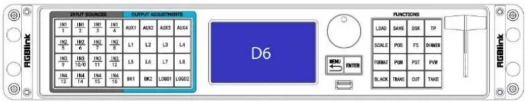 INPUT SOURCES OUTPUT ADJUSTMENTS IN1 IN1 IN1 IN1 AUX1 AUX2 AUX3 AUX4 1 2 3 4 IN2 IN2 IN2 L1 L2 L3 L4 5 6 7 8 IN3 IN3 IN3 L5 L6 L7 L8 9 10/10 11 12 IN4 IN4 IN4 BK1 BK2 LOGO1 LOGO2 D6 FUNCTIONS LOAD SAVE SSK TP SCALE PDS FS DIMMER FORMAT PGM PST PVW BLACK TRANS OUT TAKE MENU ENTER RGBlink RGBlink