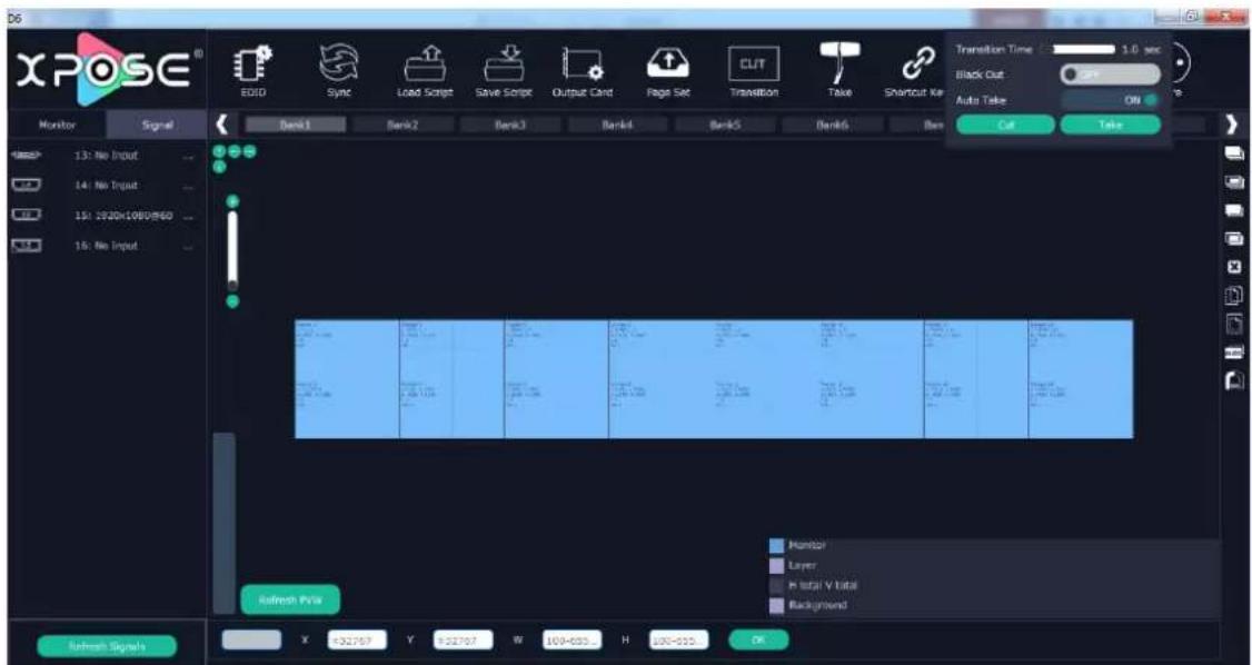 XPOSE Monitor Signal 13: No Input 14: No Input 15: 2920x1080/960 16: No Input EDIO Sync Load Script Save Script Output Card Pages Set Transition Take Shantout Xer Transition Time 1.0 sec Black Out Auto Take OK Cut Take Refresh PVRs Monitor Layer P total V total Background Refresh Signals X : 132707 Y : 122707 W : 109-035 ... H : 100-035 PK