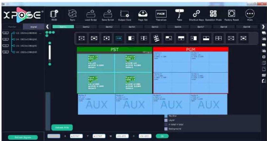 XPOSE® EBID Sync Load Script Save Script Output Card Page Set Transition Take Shortcut Keys Operation Mode Factory Reset More Monitor Signal Bank1 Bank2 Bank3 Bank4 Bank5 Bank6 Bank7 Bank8 Bank9 13: 1920x1080/060 14: 1920x1080/060 15: 1920x1080/060 16: 1920x1080/060 PST PGM Signal 13 HMM 2.6 W 4 W 4/8 w1320 w1000 Gitter3 Signal 14 HMM 2.6 W 4 w1320 w1000 w1320 w1000 Gitter3 Signal 15 HMM 2.6 W 4 W 4/8 w1320 w1000 w1320 w1000 Gitter3 Signal 16 HMM 2.6 W 4 w1320 w1000 w1320 w1000 Gitter3 Signal 5 W 4/8 w1320 w1000 w1320 w1000 Gitter3 Signal 6 W 4/8 w1320 w1000 w1320 w1000 Aux AUX AUX AUX AUX Monitor Layer Hi total V total Background Refresh P/W X A52767 Y A52767 W 103-655 H 26-655 OK