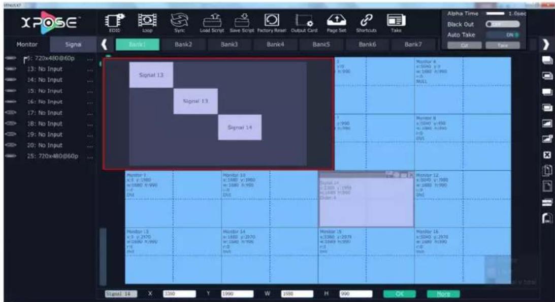 XPOSE E500 Loop Sync Load Script Save Script Factory Reset Output Card Page Set Shrscuts Take Alpha Time 1.0sec Black Out Auto Take ON Monitor Signal Bank1 Bank2 Bank3 Bank4 Bank5 Bank6 Bank7 5: 720x480@60p 13: No Input 14: No Input 15: No Input 16: No Input 17: No Input 18: No Input 19: No Input 20: No Input 25: 720x480@60p Signal 13 Signal 13 Signal 14 Monitor 13 v3, v:2870 w:2880 w:2990 v4 Monitor 13 v3, v:2870 w:2880 w:2990 v5 Monitor 13 v3, v:2870 w:2880 w:2990 v6 Monitor 13 v3, v:2870 w:2880 w:2990 v7 Monitor 13 v3, v:2870 w:2880 w:2990 v8 Monitor 13 v3, v:2870 w:2880 w:2990 v9 Monitor 13 v3, v:2870 w:2880 w:2990 v10 Monitor 13 v3, v:2870 w:2880 w:2990 v11 Monitor 13 v3, v:2870 w:2880 w:2990 v12 Monitor 13 v3, v:2870 w:2880 w:2990 v13 Monitor 13 v3, v:2870 w:2880 w:2990 v14 Monitor 13 v3, v:2870 w:2880 w:2990 v15 Monitor 13 v3, v:2870 w:2880 w:2990 v16 Monitor 13 v3, v:2870 w:2880 w:2990 v17 Monitor 13 v3, v:2870 w:2880 w:2990 v18 Monitor 13 v3, v:2870 w:2880 w:2990 v19 Monitor 13 v3, v:2870 w:2880 w:2990 v20 Monitor 13 v3, v:2870 w:2880 w:2990 v21 Monitor 13 v3, v:2870 w:2880 w:2990 v22 Monitor 13 v3, v:2870 w:2880 w:2990 v23 Monitor 13 v3, v:2870 w:2880 w:2990 v24 Monitor 13 v3, v:2870 w:2880 w:2990 v25
