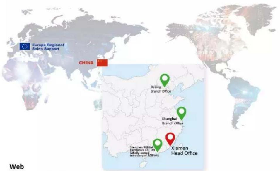Europe Regional Sales Support CHINA Beijing Branch Office Shanghai Branch Office Xiamen Head Office Shenzhen RGBlink Electronics Co., Ltd. (wholly-owned subsidiary of RGBlink) Web