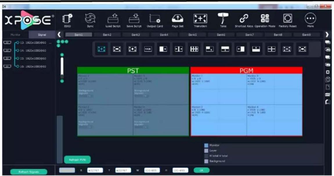 XPOSE EBID Sync Load Script Save Script Output Card Page Set Transition Take Shortcut Keys-Operation Mode Factory Reset More Monitor Signal Bank1 Bank2 Bank3 Bank4 Bank5 Banks Bank6 Bank7 Banks8 Bank9 13: 1920x1080/860 14: 1920x1080/860 15: 1920x1080/860 16: 1920x1080/860 PST PGM Monitor 1 x 0.0 x 0.0 x 1000 x 1000 ECPM Monitor 2 x 0.0 x 0.0 x 1000 x 1000 ECPM Monitor 3 x 0.0 x 0.0 x 1000 x 1000 ECPM Monitor 4 x 0.0 x 0.0 x 1000 x 1000 ECPM Monitor P/M Layer N total V total Background Refresh Signals X 32767 Y 32767 W 100-655 N 30-655 OR