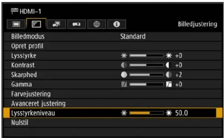 HDMI-1 Billedmodus Standard Opret profil Lysstyrke +0 Kontrast +0 Skarphed +2 Gamma +0 Farvejustering Avanceret justering Lysstyrkeniveau 50.0 Nulstil