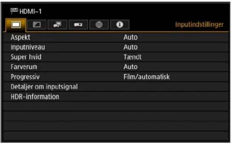 HDMI-1 Inputindstillinger Aspekt Auto Inputniveau Auto Super hvid Tændt Farverum Auto Progressiv Film/automatisk Detaljer om inputsignal HDR-information