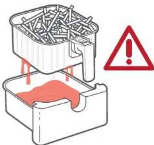 Illustration showing a container with dried material being poured into a container, with a warning triangle indicating caution.