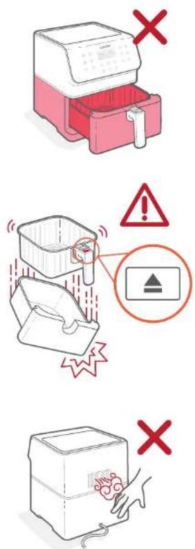 Safety warning illustration showing three steps to reduce a printer's internal components: unmet, open with warning symbol, and closed with hand.