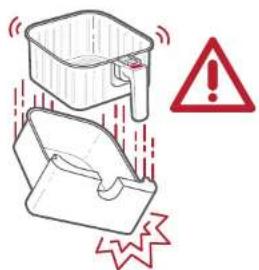 Safety warning illustration showing a device with warning symbols and a warning triangle