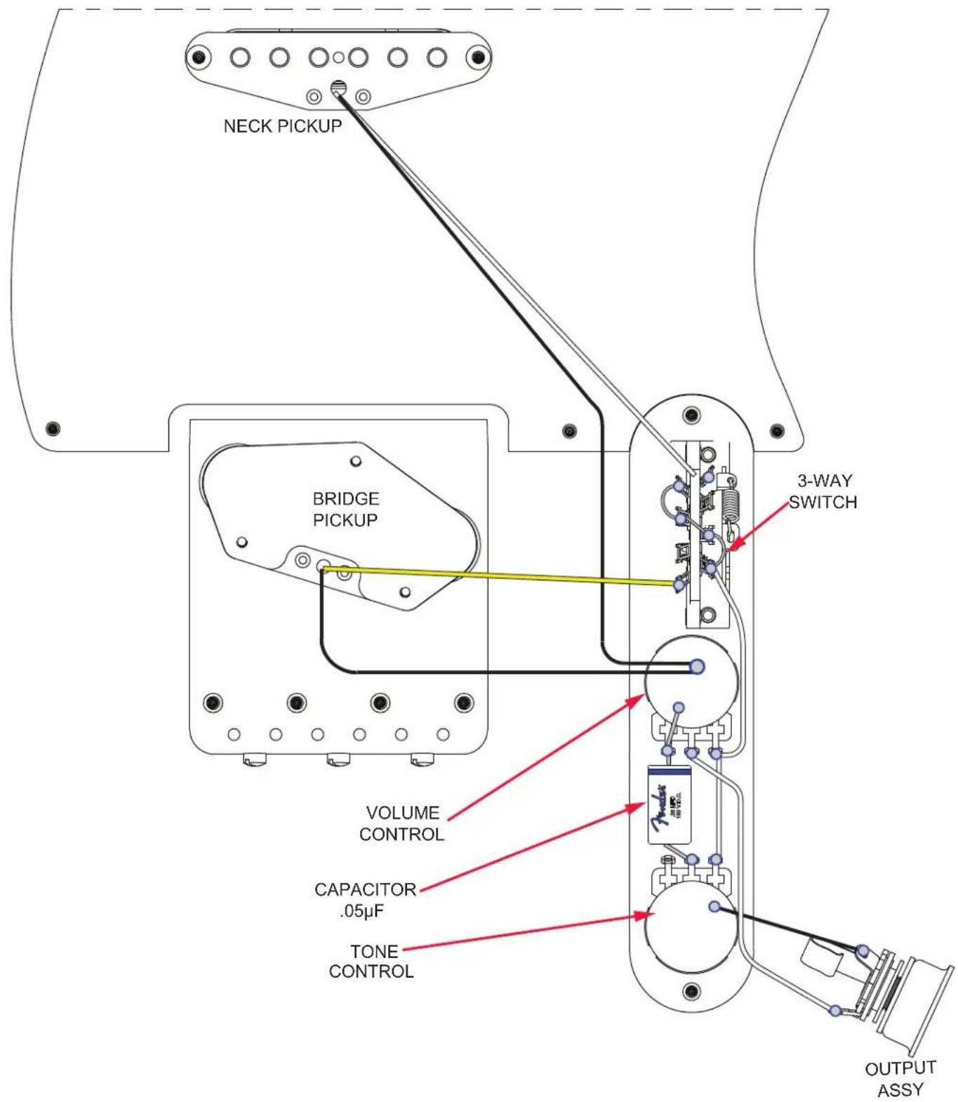 NECK PICKUP BRIDGE PICKUP 3-WAY SWITCH VOLUME CONTROL CAPACITOR .05μF TONE CONTROL OUTPUT ASSY
