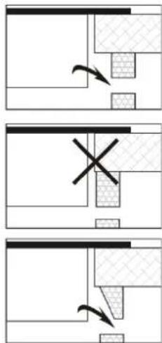 Diagram showing three variations of a room layout with arrows indicating movement or change, and a cross symbol highlighting a specific area.