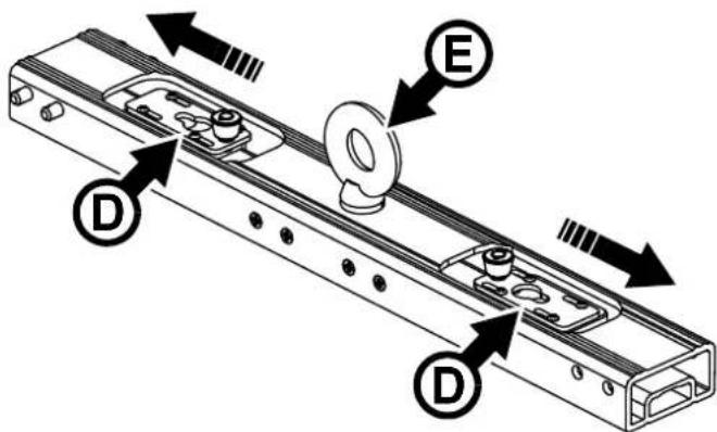 Technical diagram of a mechanical device with labeled components D and E, showing directional arrows indicating movement or assembly.