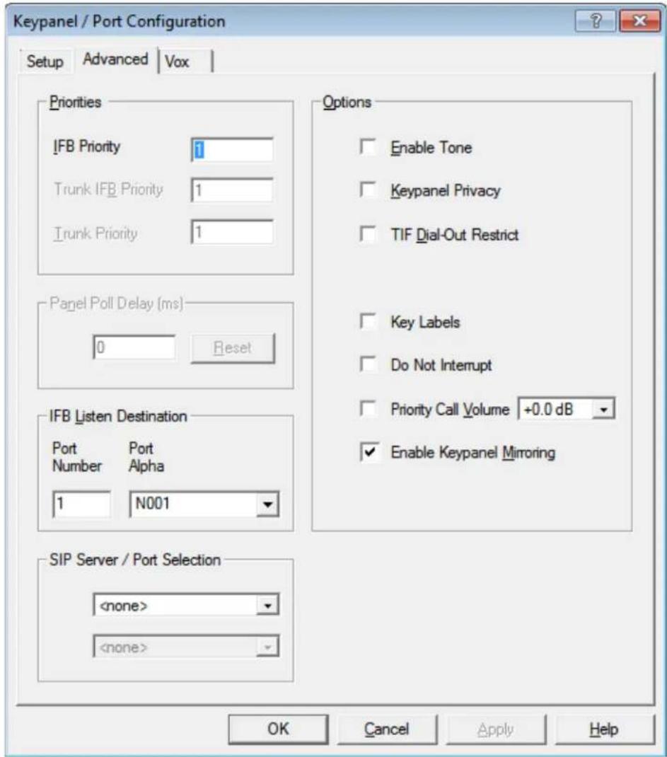 Keypanel / Port Configuration Setup Advanced Vox Priorities IFB Priority 1 Trunk IFB Priority 1 Trunk Priority 1 Options Enable Tone Keypanel Privacy TIF Dial-Out Restrict Panel Poll Delay (ms) 0 Reset IFB Listen Destination Port Number Port Alpha 1 N001 Priority Call Volume +0.0 dB Enable Keypanel Mirroring SIP Server / Port Selection OK Cancel Apply Help