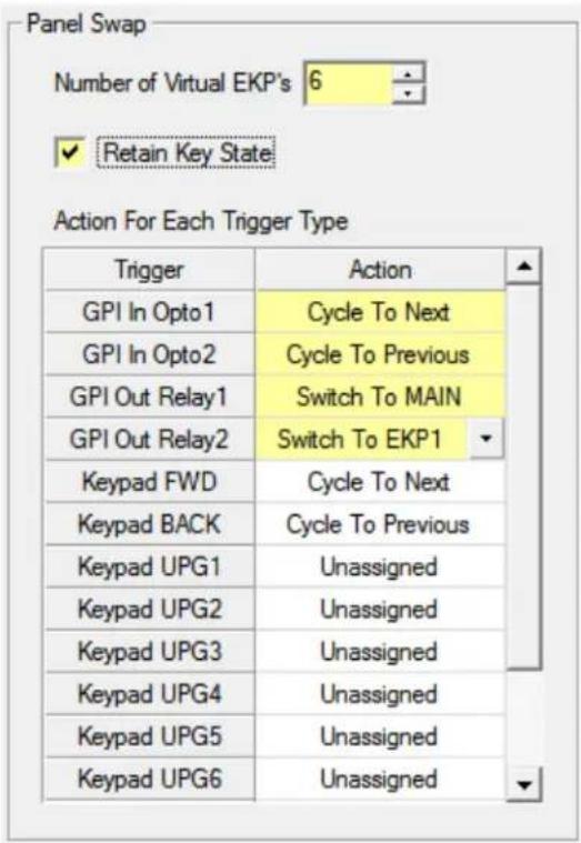 Panel Swap Number of Virtual EKP's 6 ✓ Retain Key State Action For Each Trigger Type Trigger Action GPI In Opto1 Cycle To Next GPI In Opto2 Cycle To Previous GPI Out Relay1 Switch To MAIN GPI Out Relay2 Switch To EKP1 Keypad FWD Cycle To Next Keypad BACK Cycle To Previous Keypad UPG1 Unassigned Keypad UPG2 Unassigned Keypad UPG3 Unassigned Keypad UPG4 Unassigned Keypad UPG5 Unassigned Keypad UPG6 Unassigned
