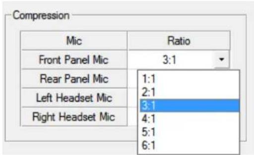 Compression Mic Ratio Front Panel Mic 3:1 Rear Panel Mic 1:1 Left Headset Mic 2:1 Right Headset Mic 3:1 4:1 5:1 6:1