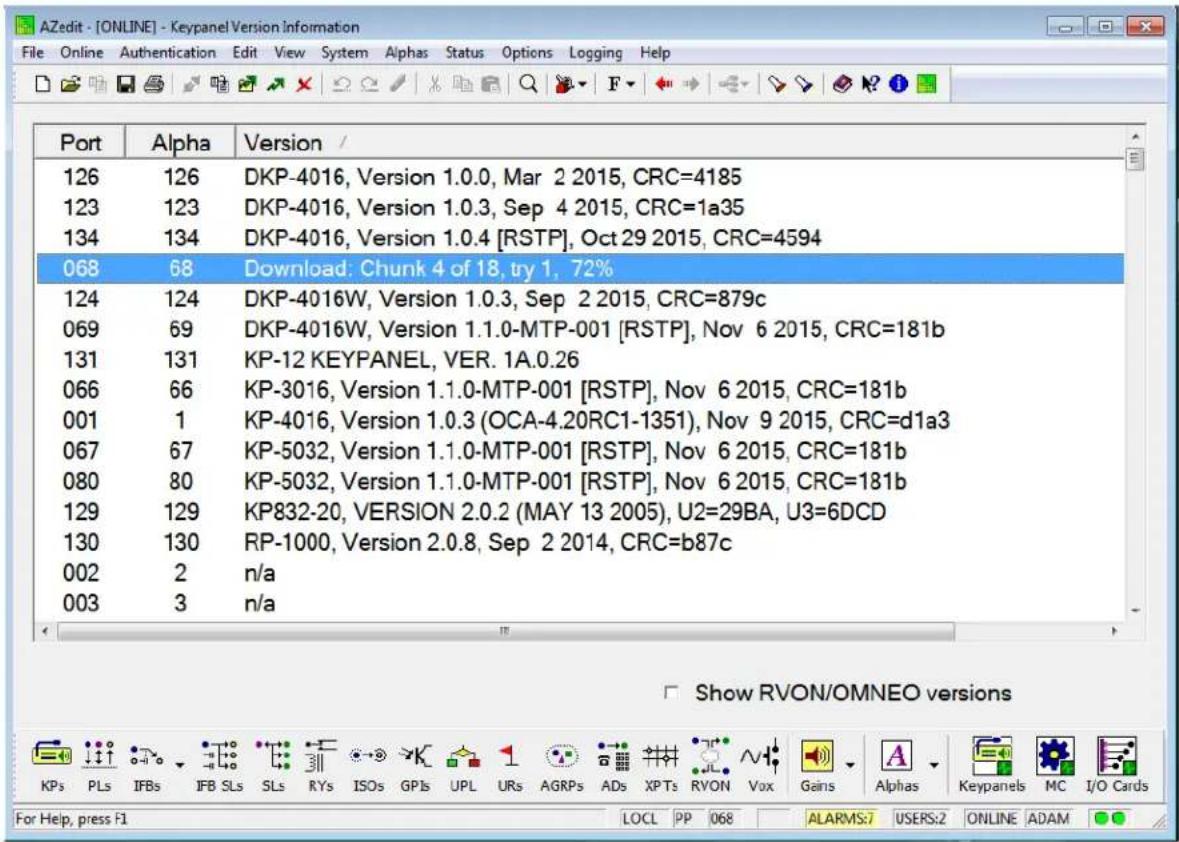 Port Alpha Version / 126 126 DKP-4016, Version 1.0.0, Mar 2 2015, CRC=4185 123 123 DKP-4016, Version 1.0.3, Sep 4 2015, CRC=1a35 134 134 DKP-4016, Version 1.0.4 [RSTP], Oct 29 2015, CRC=4594 068 68 Download: Chunk 4 of 18, try 1, 72% 124 124 DKP-4016W, Version 1.0.3, Sep 2 2015, CRC=879c 069 69 DKP-4016W, Version 1.1.0-MTP-001 [RSTP], Nov 6 2015, CRC=181b 131 131 KP-12 KEYPANEL, VER. 1A.0.26 066 66 KP-3016, Version 1.1.0-MTP-001 [RSTP], Nov 6 2015, CRC=181b 001 1 KP-4016, Version 1.0.3 (OCA-4.20RC1-1351), Nov 9 2015, CRC=d1a3 067 67 KP-5032, Version 1.1.0-MTP-001 [RSTP], Nov 6 2015, CRC=181b 080 80 KP-5032, Version 1.1.0-MTP-001 [RSTP], Nov 6 2015, CRC=181b 129 129 KP832-20, VERSION 2.0.2 (MAY 13 2005), U2=29BA, U3=6DCD 130 130 RP-1000, Version 2.0.8, Sep 2 2014, CRC=b87c 002 2 n/a 003 3 n/a Show RVON/OMNEO versions KPs PLs IFBs IFB SLs SLs RYs ISOs GPIs UPL URs AGRPs ADs XPTs RVON Vox Gains Alphas Keypanels MC I/O Cards For Help, press F1 LOCL PP 068 ALARMS:7 USERS:2 ONLINE ADAM