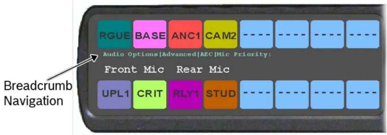RGUE BASE ANC1 CAM2 Audio Options|Advanced|AEC|Mic Priority: Front Mic Rear Mic UPL1 CRIT RLY1 STUD Breadcrumbs Navigation