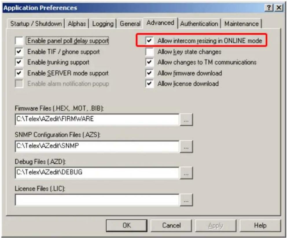 Application Preferences Startup / Shutdown | Alphas | Logging | General | Advanced | Authentication | Maintenance | Enable panel poll delay support ✓ Allow intercom resizing in ONLINE mode Enable TIF / phone support ✓ Allow key state changes Enable trunking support ✓ Allow changes to TM communications Enable SERVER mode support ✓ Allow firmware download Enable alarm notification popup ✓ Allow license download Firmware Files (.HEX, .MOT, .BIB): C:\Telex\AZedit\FIRMWARE SNMP Configuration Files (.AZS): C:\Telex\AZedit\SNMP Debug Files (.AZD): C:\Telex\AZedit\DEBUG License Files (.LIC): OK Cancel Apply Help