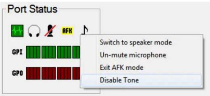 Port Status GPI GPO Switch to speaker mode Un-mute microphone Exit AFK mode Disable Tone